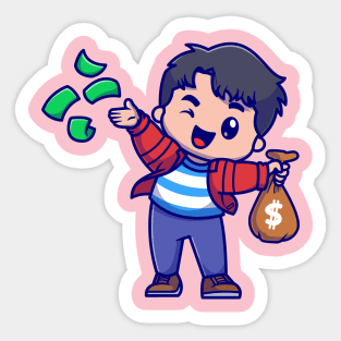 Cute Rich Boy Throws Money Cartoon Sticker